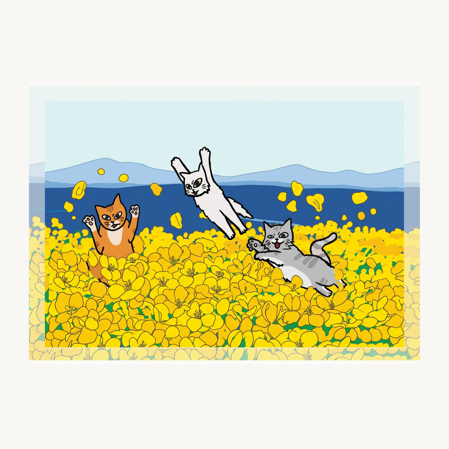 Myocat Market Postcard - Having Fun In The Canola Flower Field